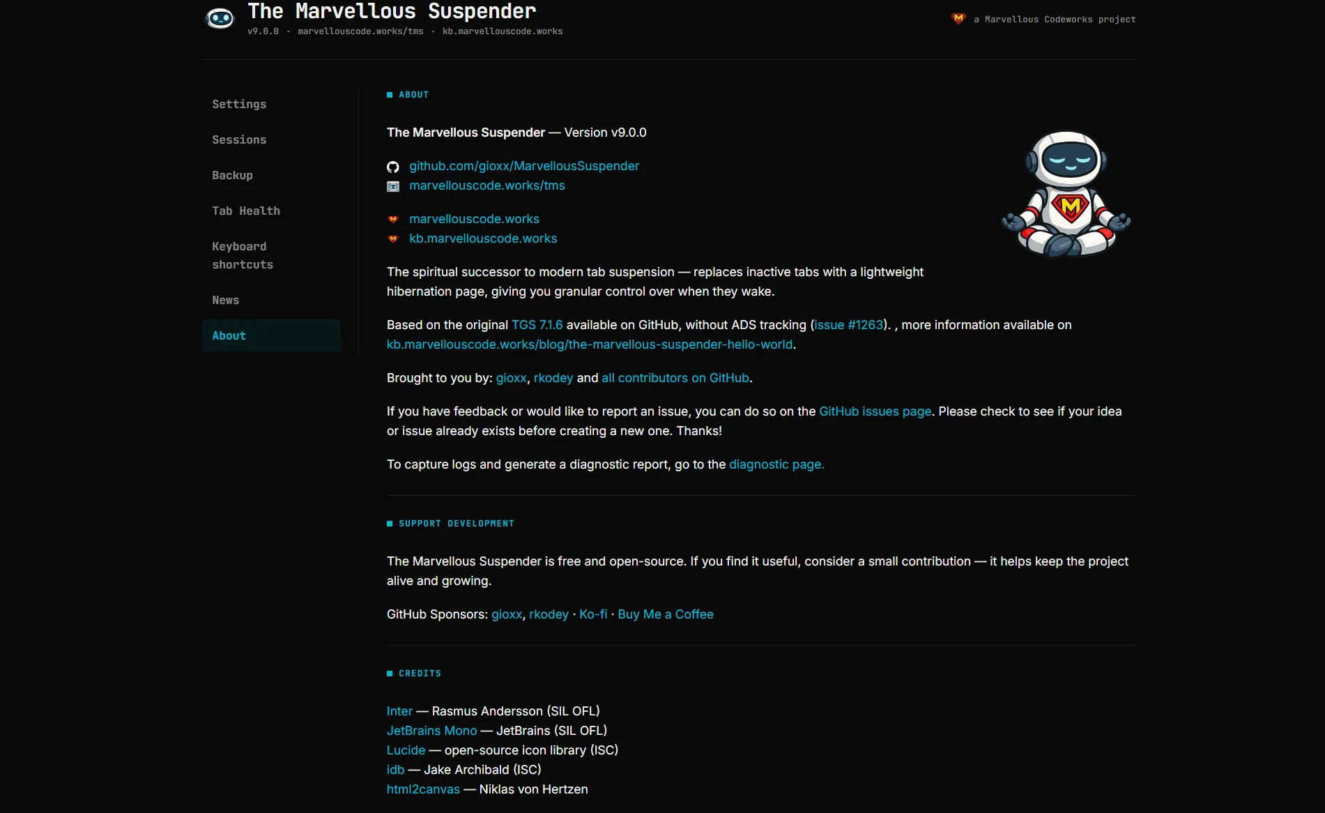 The About page in dark theme