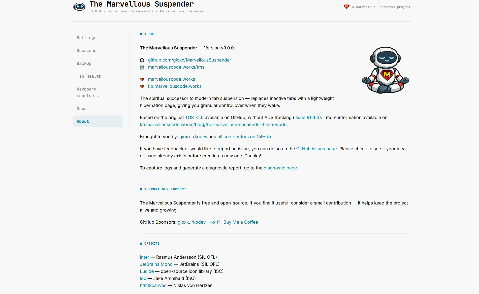 The About page, showing version info, project links, support and credits