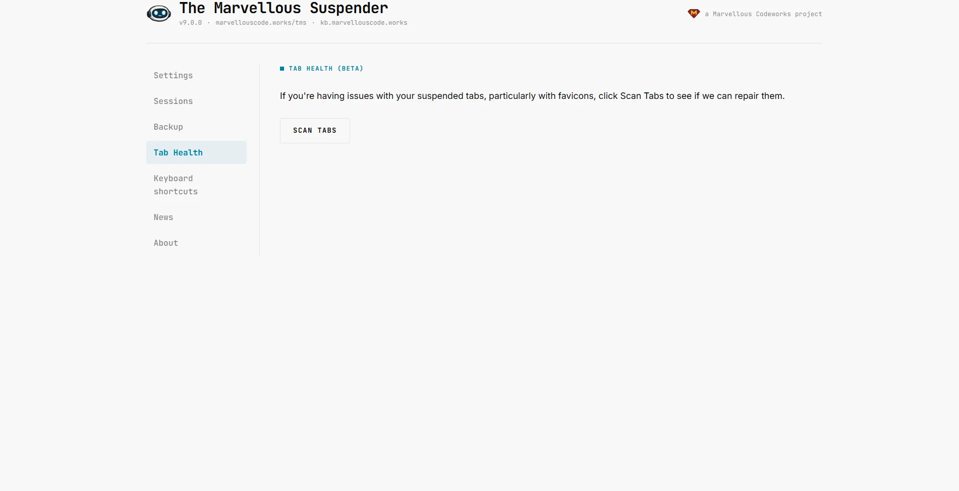 Tab Health page before scanning, showing the intro text and Scan tabs button