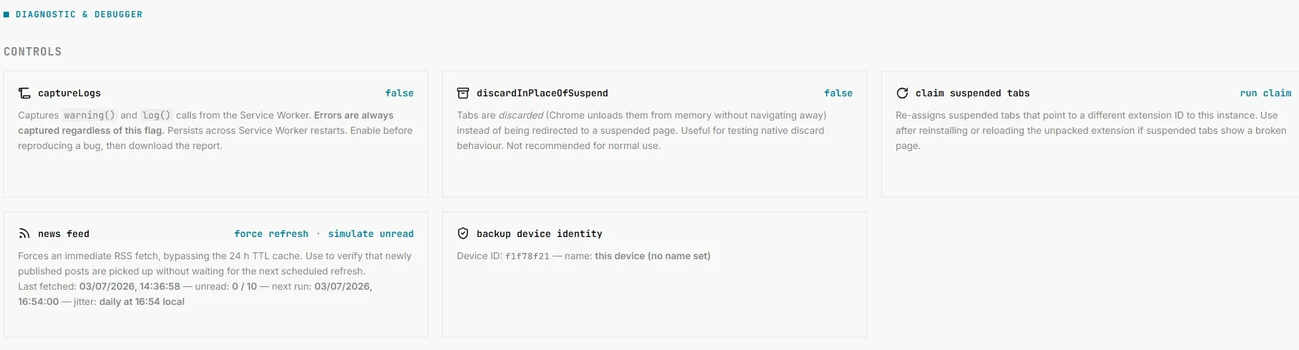 Diagnostic page Controls grid: captureLogs, discardInPlaceOfSuspend, claim suspended tabs, news feed, backup device identity