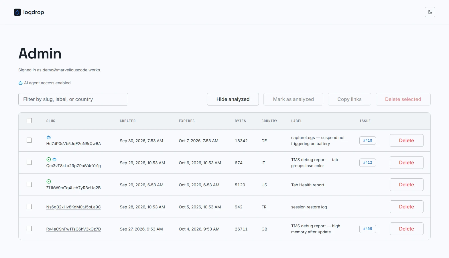 Admin dashboard: signed-in line, AI agent access indicator, filter and toolbar, and the upload table with analyzed and robot badges