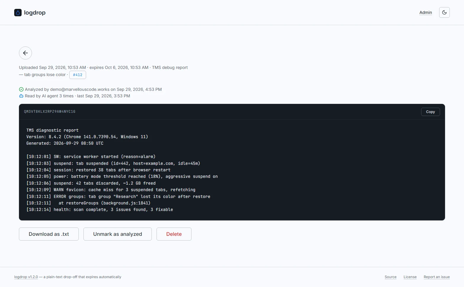 Log view: back button, upload details with issue chip, activity lines, the log content with a Copy button, and the Download, Unmark as analyzed and Delete buttons