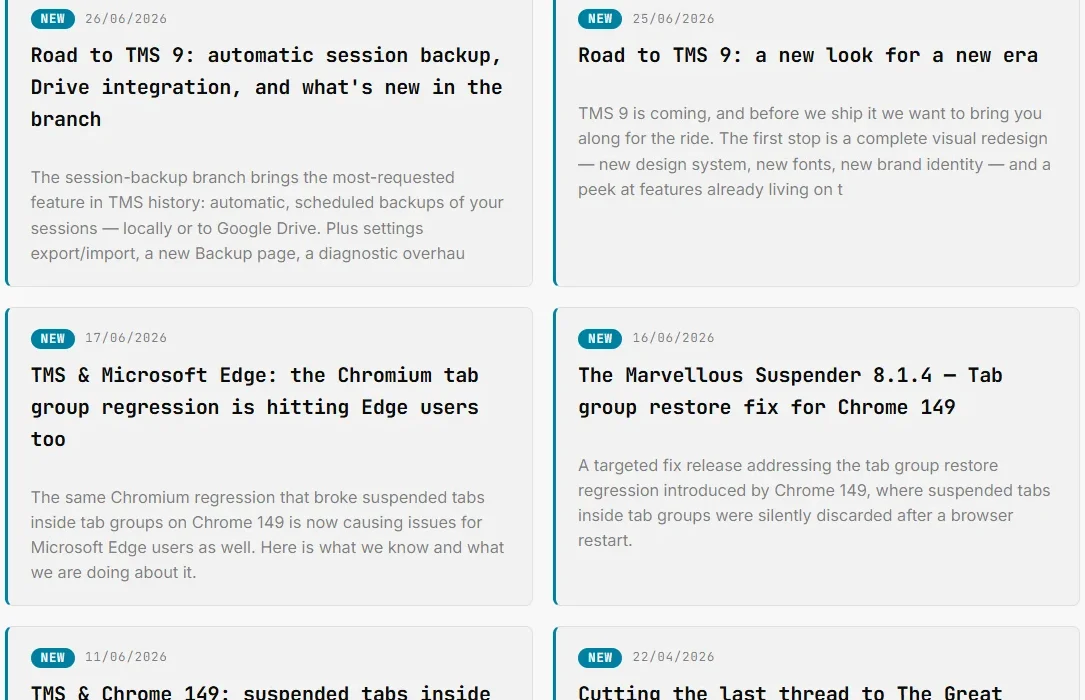 The News page, showing a grid of article cards with unread NEW pills