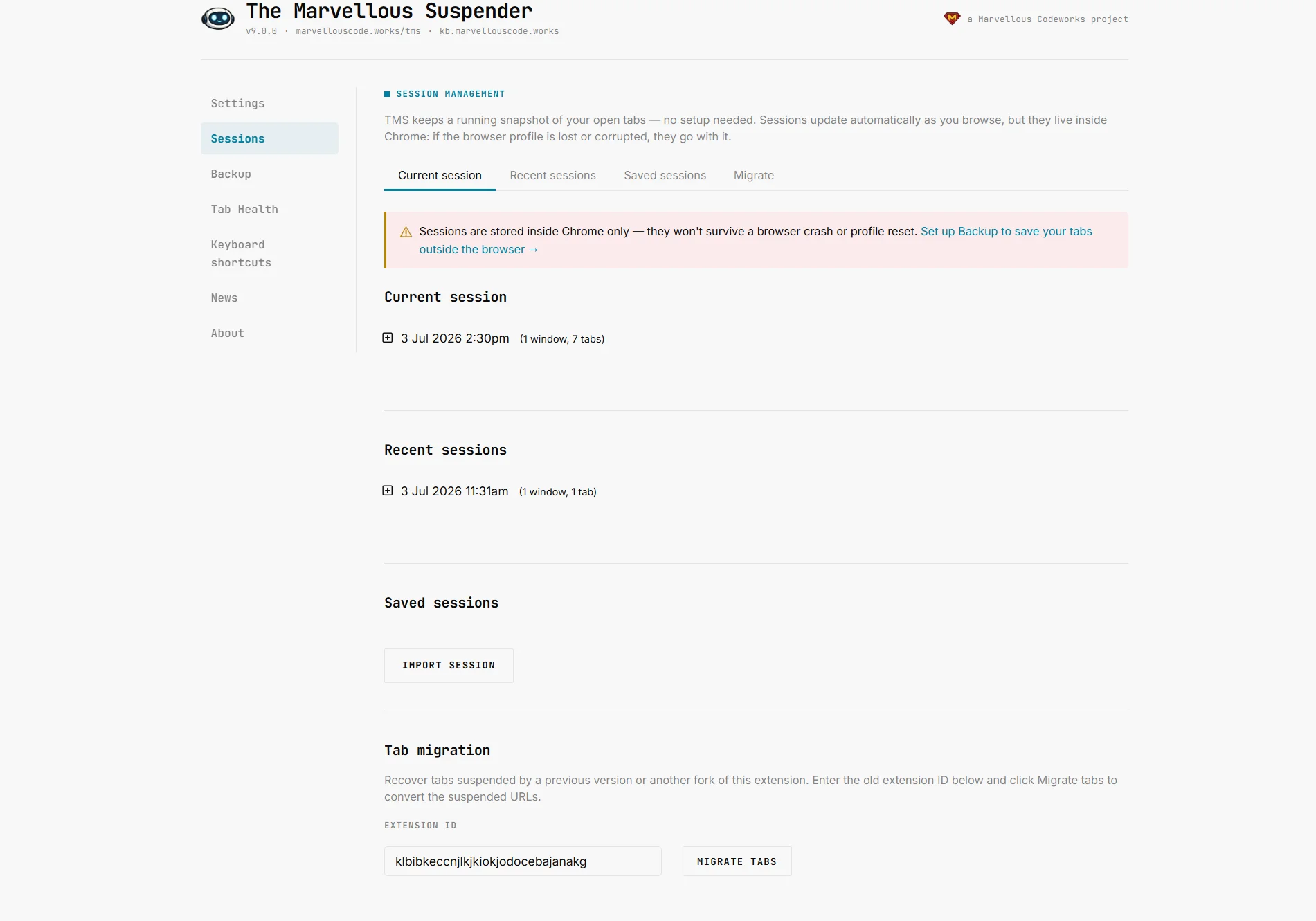Session Management page showing all four sections: Current session, Recent sessions, Saved sessions, and Tab migration