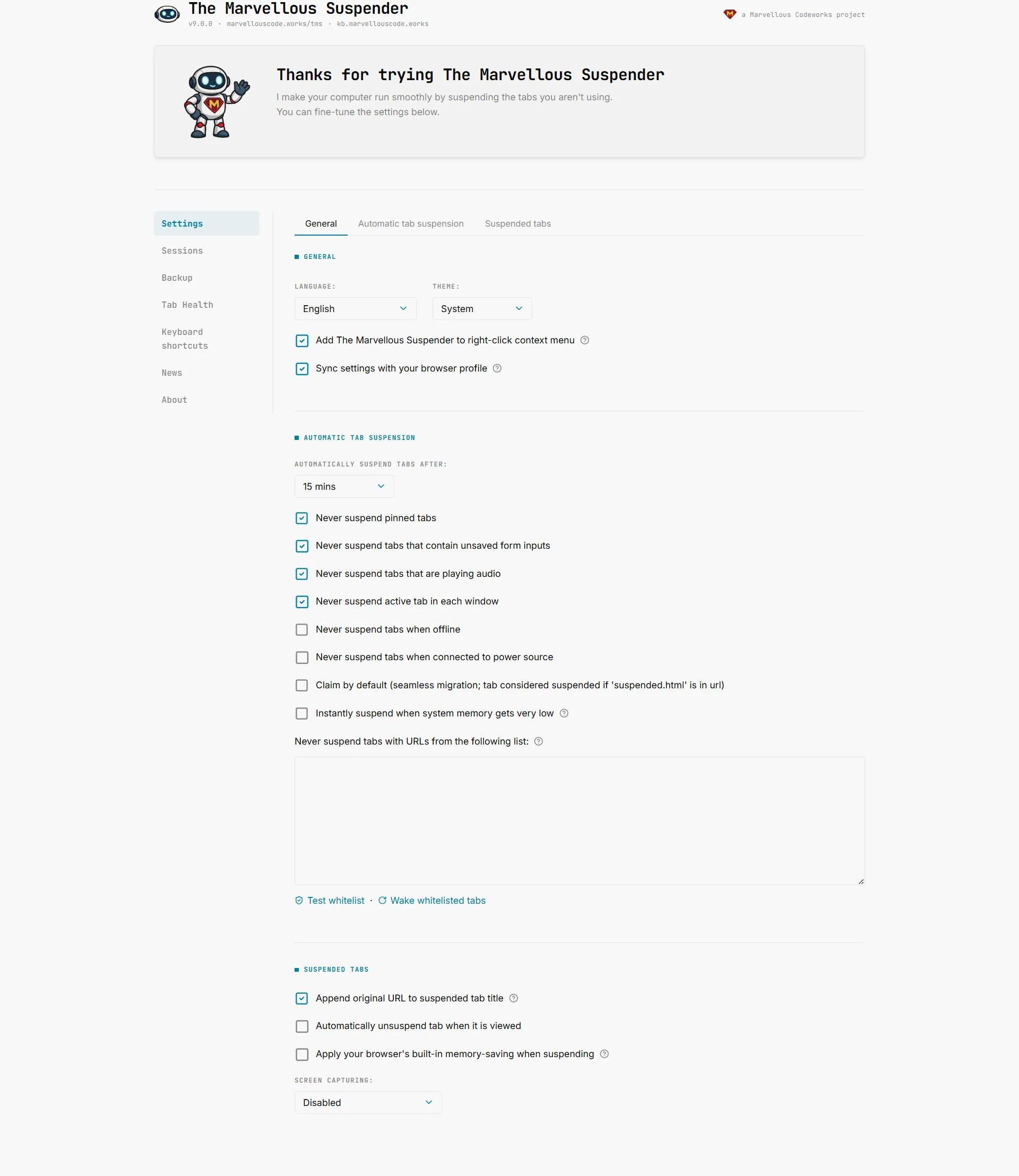 Settings page, showing the General, Automatic tab suspension and Suspended tabs sections