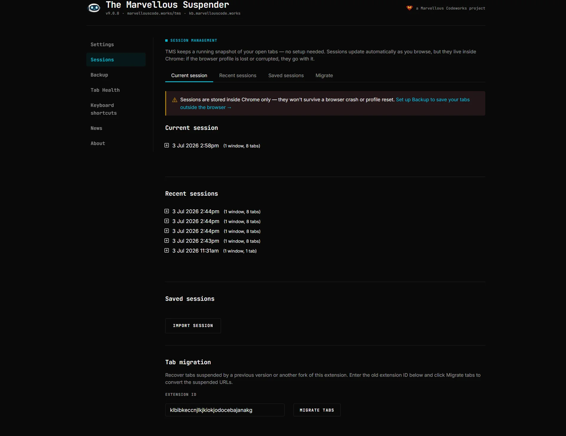 Session Management page in dark theme