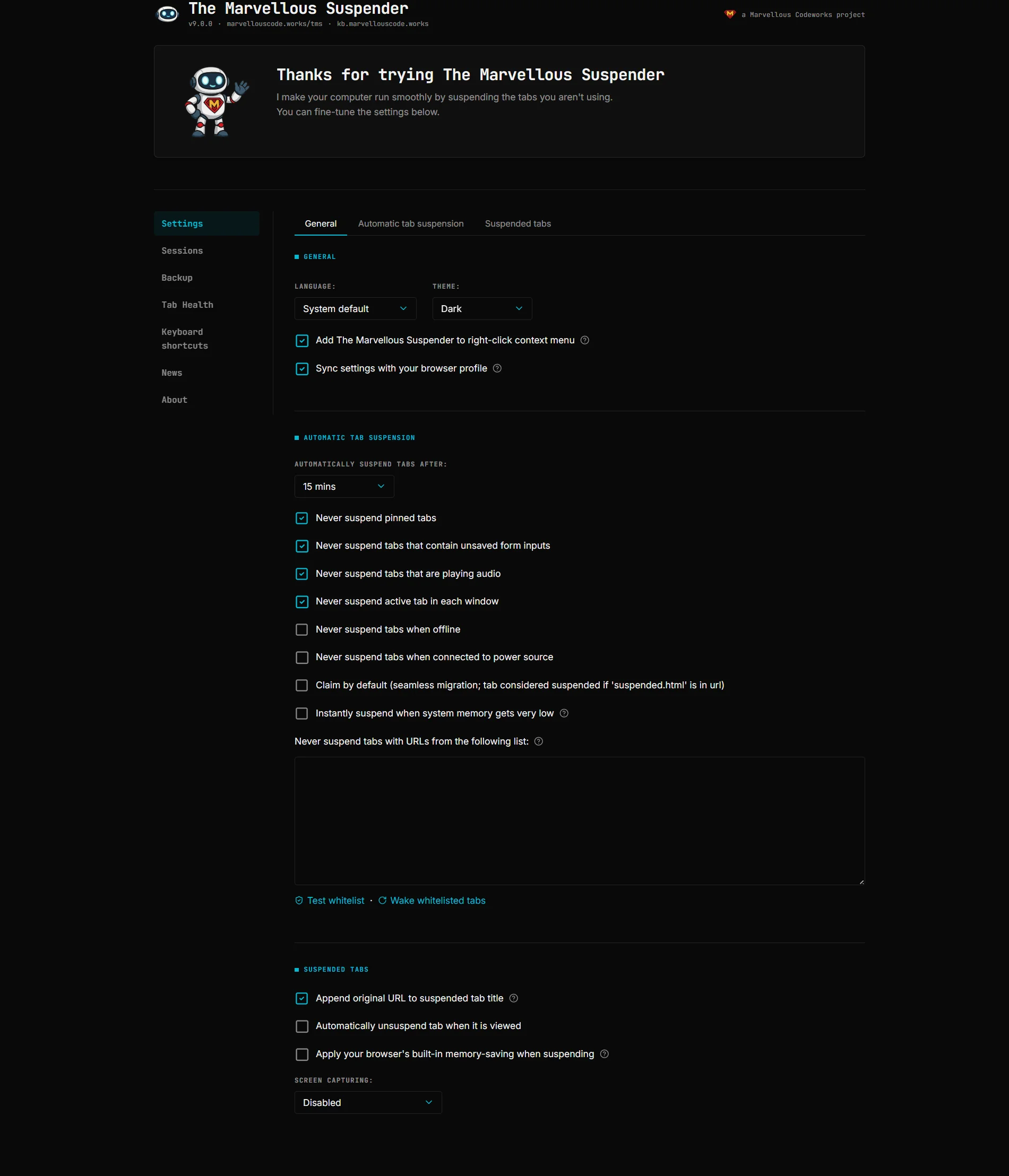 Settings page in dark theme