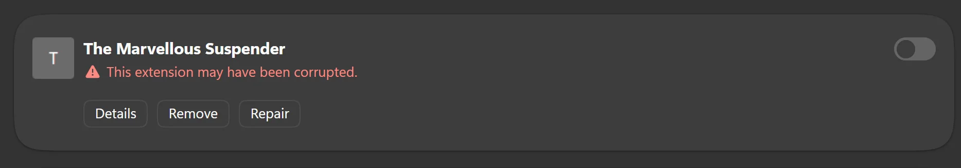 Chrome's extensions list showing a corrupted-extension repair warning