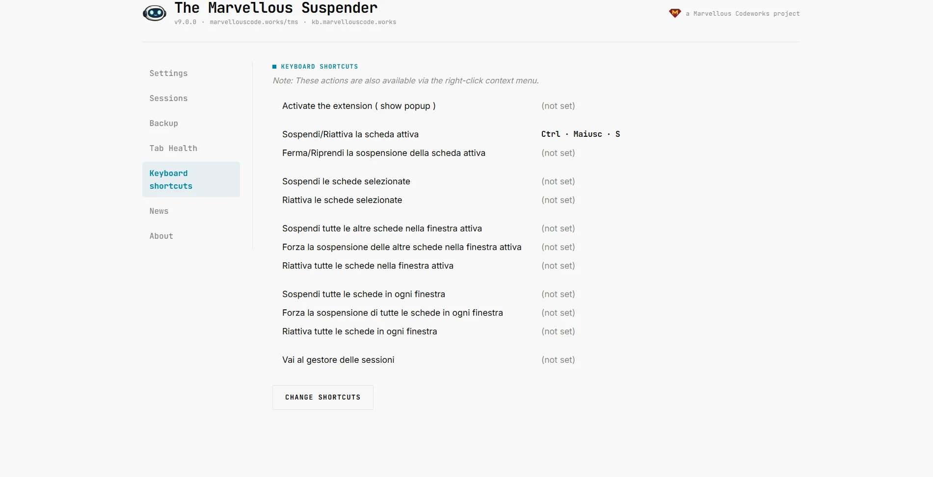 The Keyboard shortcuts page, shown here with the language set to Italian