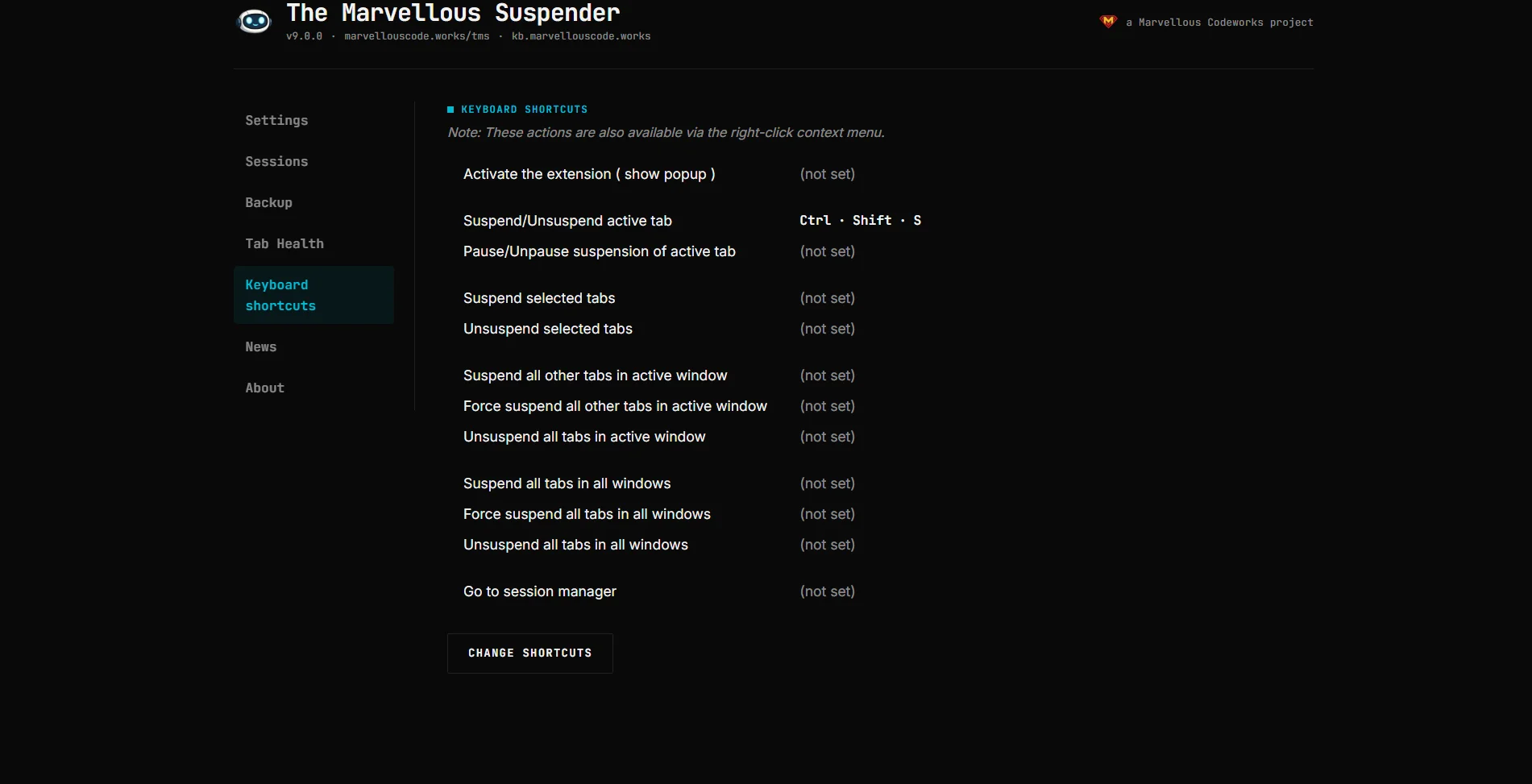The Keyboard shortcuts page in dark theme