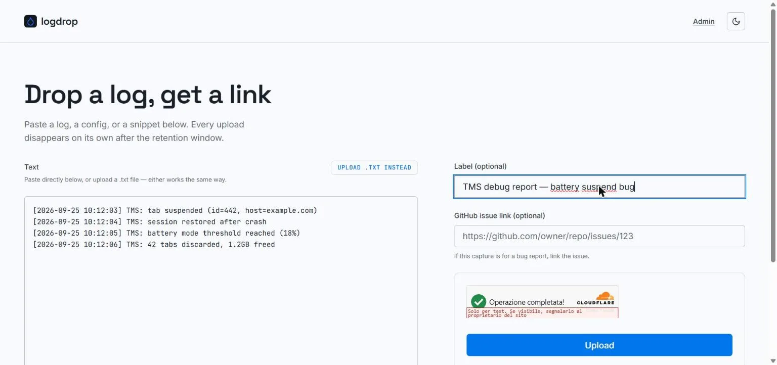 logdrop upload form: text area on the left, optional label and GitHub issue link on the right, Turnstile check and Upload button