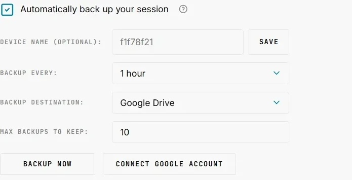 Backup destination set to Google Drive, not yet connected