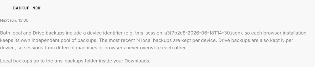 Backup now button, next run time, and the device-identifier explanation