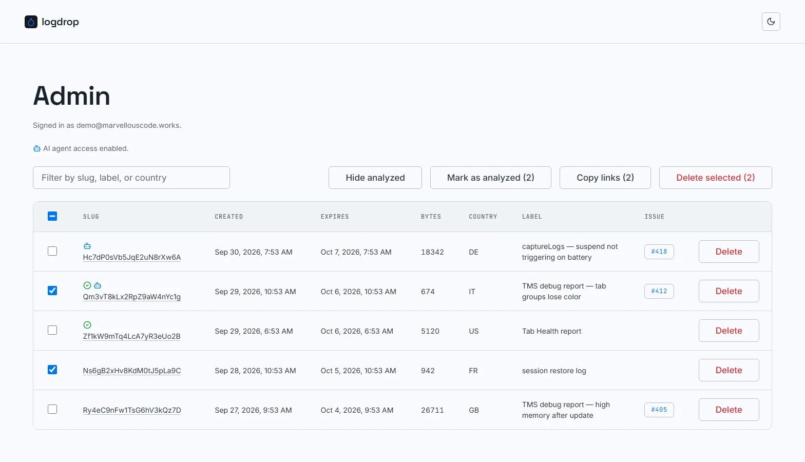 Two rows selected: the toolbar buttons show the selection count