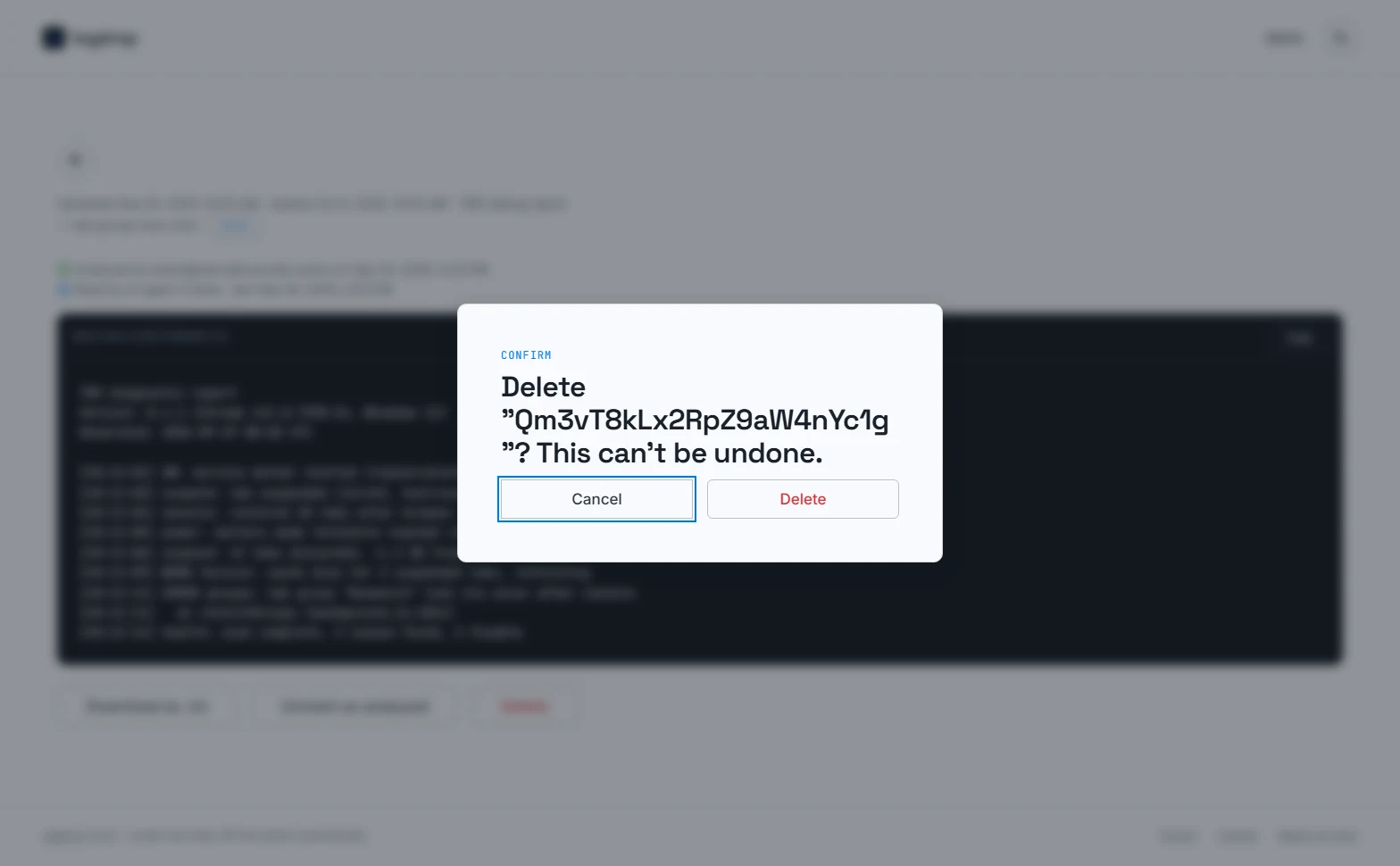 Delete confirmation dialog asking to confirm the deletion, with Cancel and Delete buttons