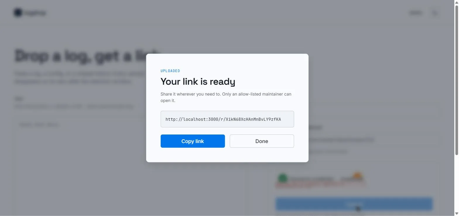 Your link is ready dialog with the private link and Copy link / Done buttons