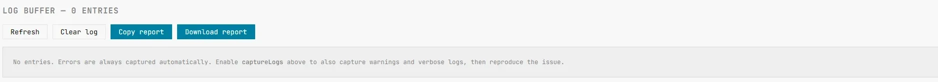 Log buffer heading, action buttons, and the empty-state message