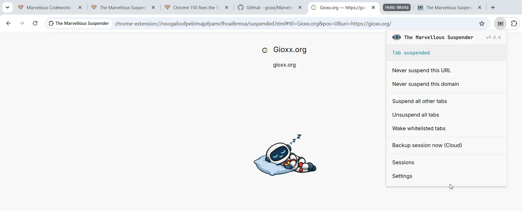 Popup open on an already-suspended tab, with real browser chrome visible