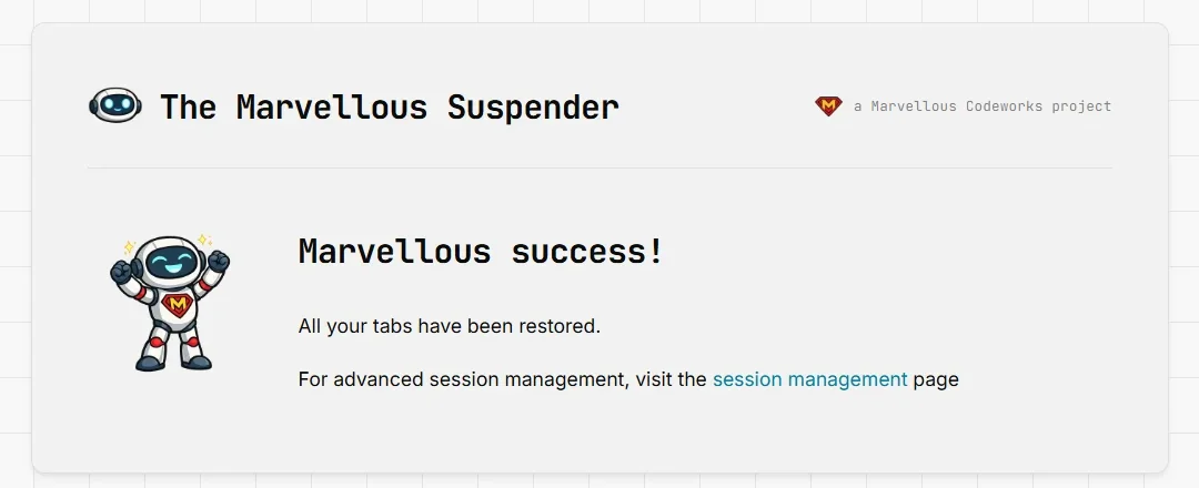 Recovery success screen: "Marvellous success! All your tabs have been restored."
