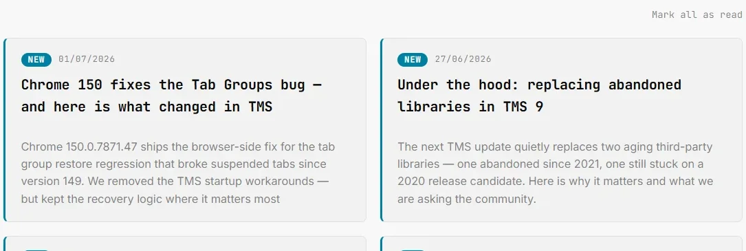 Unread articles with the NEW pill, and the "Mark all as read" link