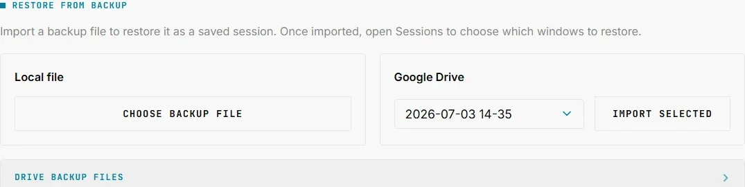 Restore from backup section, with a local file picker and a Drive backups dropdown
