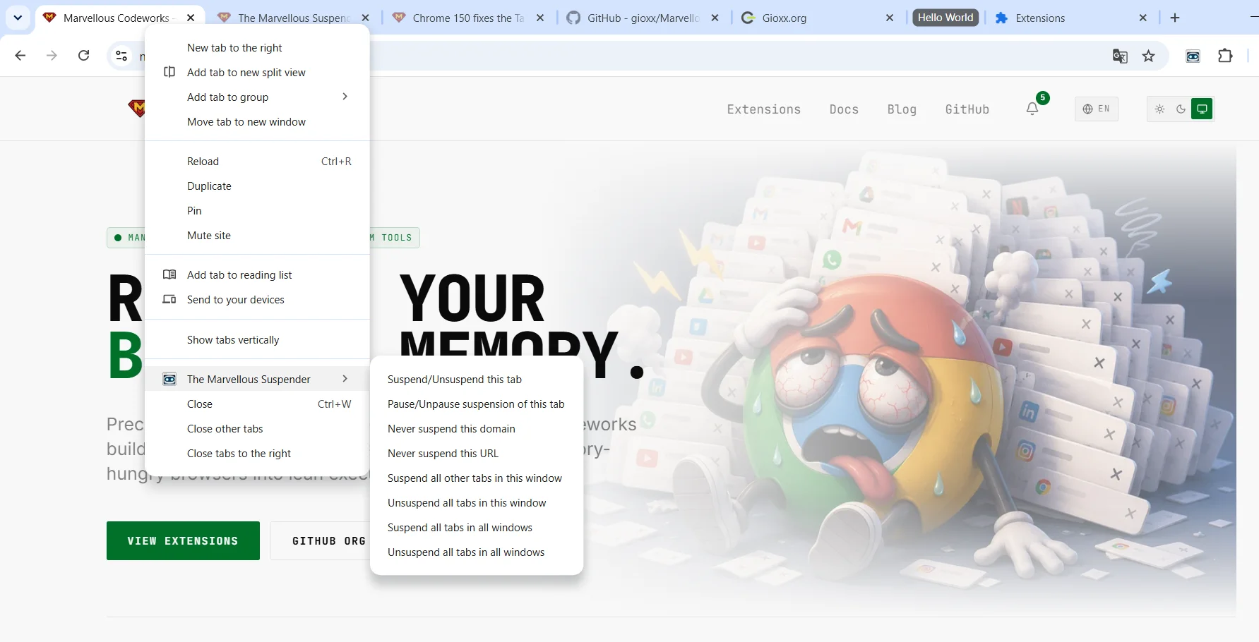 Right-click context menu on a tab, showing the TMS submenu