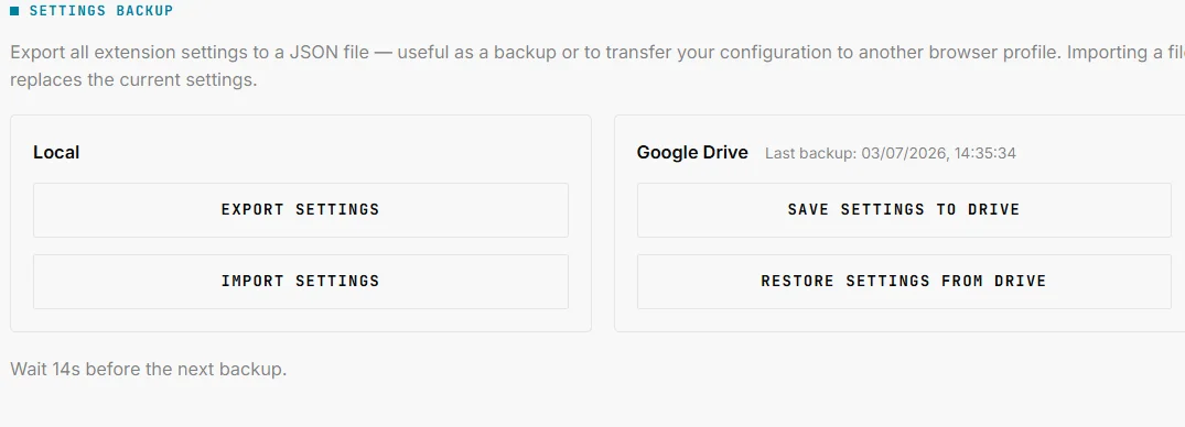 Settings backup section with Local and Google Drive cards, showing the last Drive backup date