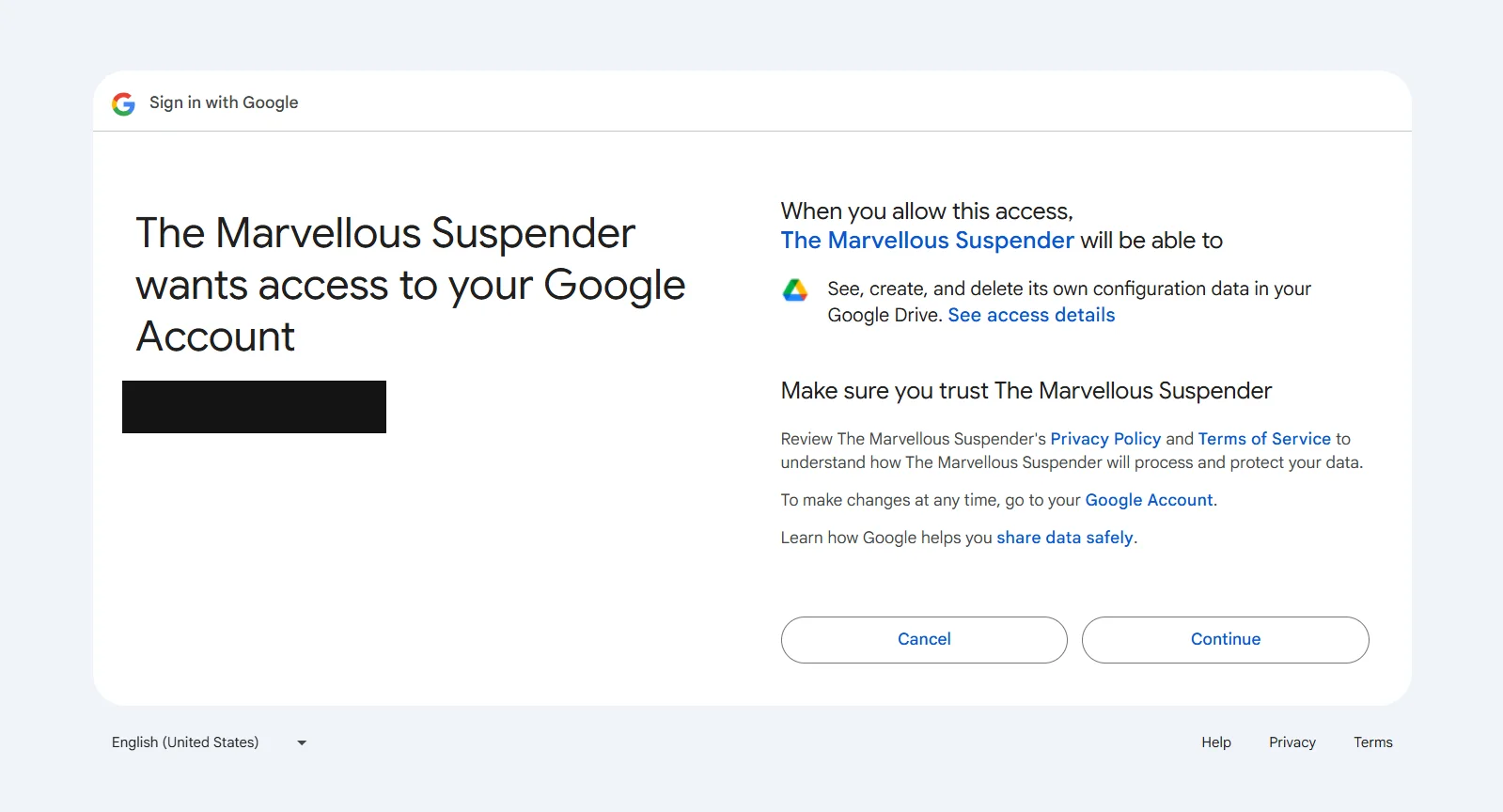 Google's consent screen showing the narrow drive.appdata scope requested
