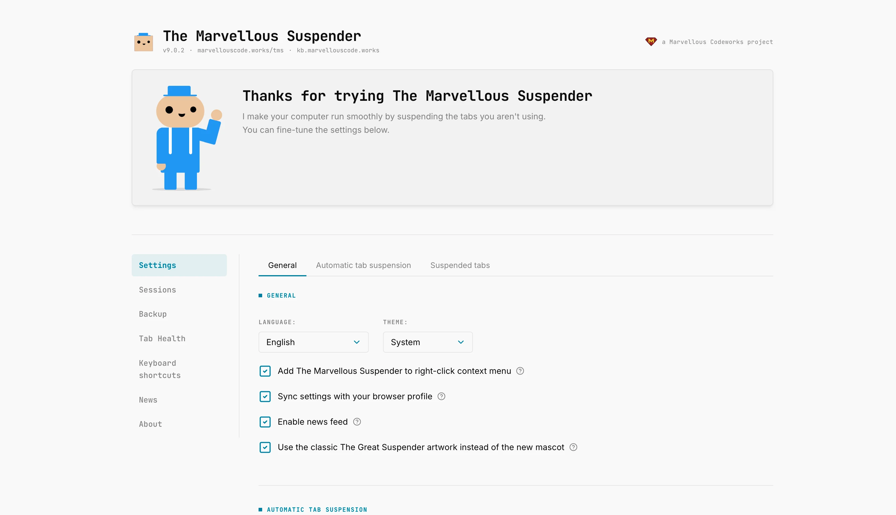TMS Options page, General section, with the "Use the classic The Great Suspender artwork" checkbox enabled and the legacy suspendy mascot shown in the welcome panel